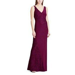 LRL Ralph Lauren Womens Payella Gown Dress Purple Floral Lace Stretch 10 New